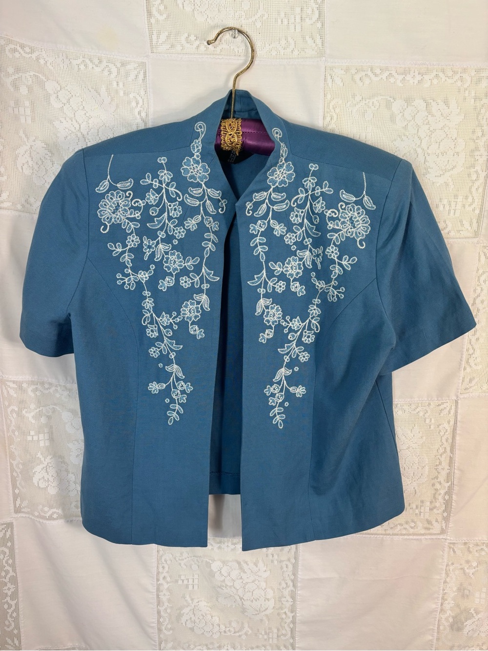 VTG Beachy Coastal Boho Indie Embroidered High Neck Bolero Top Size L